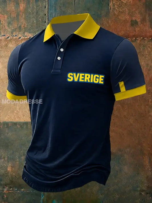 Retro Viking Svenska militära lappverk Tryckt Casual bomull Kort ärm Polo tröj blå sjöfart / S