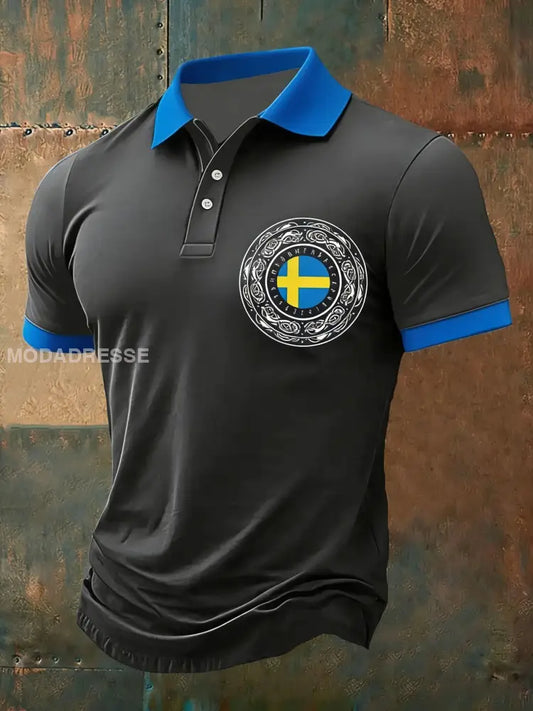Retro Viking Svenska militära lappverk Tryckt Casual bomull Kort ärm Polo tröj grå / S