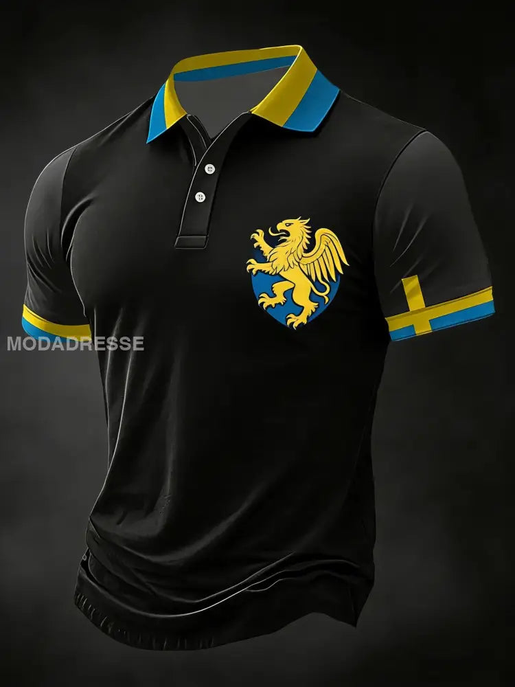 Retro Viking Svenska militära lappverk Tryckt Casual bomull Kort ärm Polo tröj svart / S