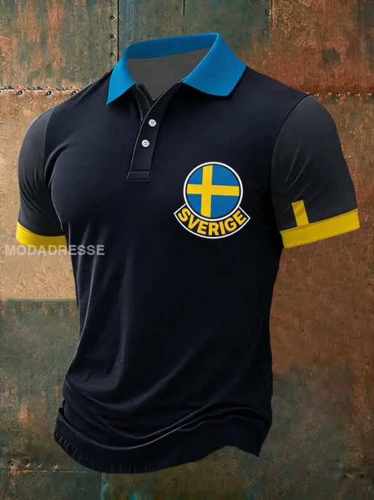 Retro Viking Svenska militära lappverk Tryckt Casual bomull Kort ärm Polo tröj svart / S
