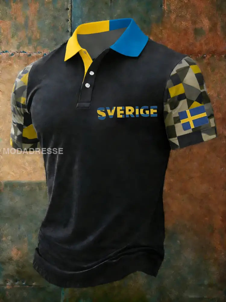 Retro Viking Svenska militära lappverk Tryckt Casual bomull Kort ärm Polo tröj svart / S