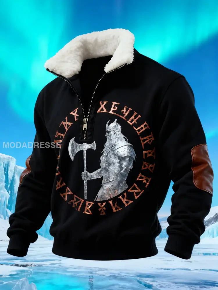 Retro Viking Thors yxa Print Baggy Zip-up sweatt svart / S
