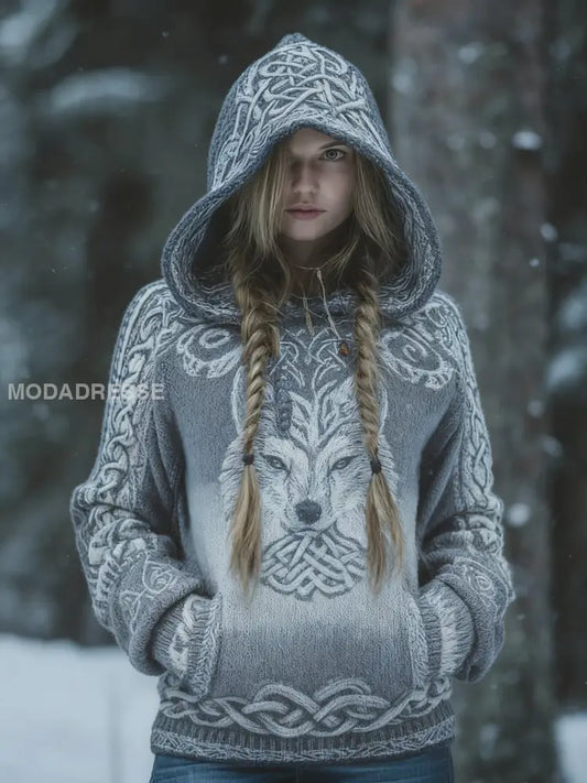 Retro Viking varg keltisk knop träd liv gradient Skriv ut huvad grå / S