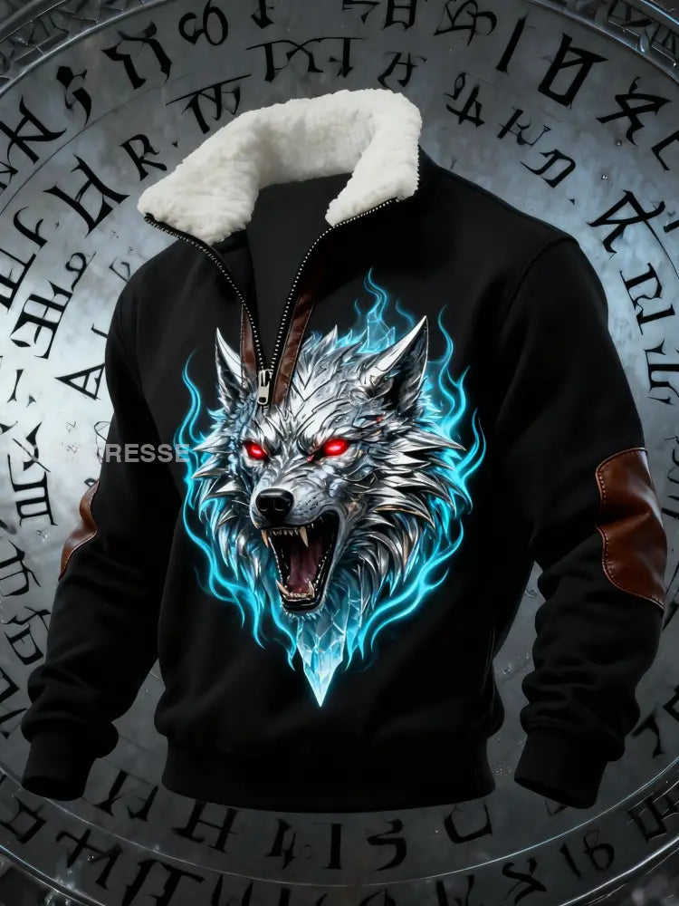 Retro Viking Wolf Aurora Flame Rune Skriv ut Baggy Zip-up Sweatshirt svart / S