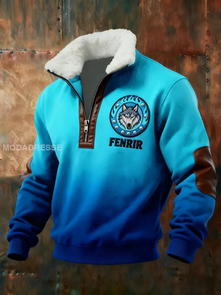 Retro Viking Wolf Aurora Rune Gradient Print Baggy Zip-up Sweatshirt blå / S