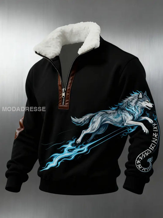 Retro Viking Wolf Aurora Rune Skriv ut Baggy Zip-up sweathirt svart / S
