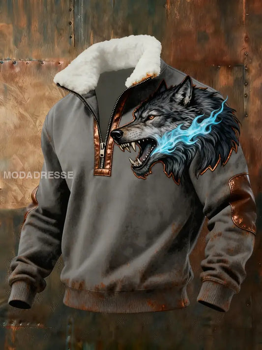 Retro Viking Wolf Aurora Skriv ut Baggy Zip-up sweathirt grå / S
