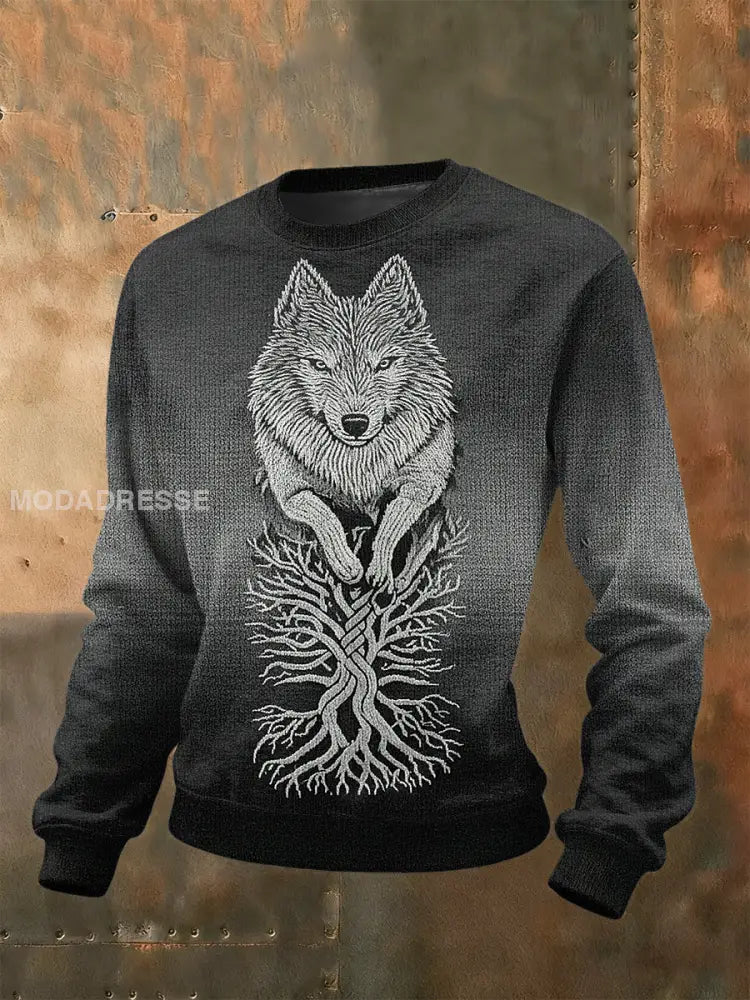 Retro Viking Wolf Celtic Knut träd av liv gradient Tryck Casual Lång ärm tröjar grå / S