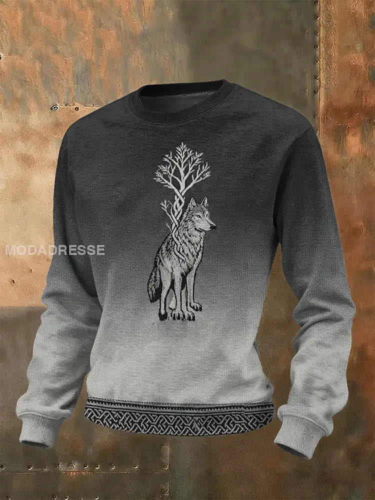 Retro Viking Wolf Celtic Knut träd av liv gradient Tryck Casual Lång ärm tröjar grå / S