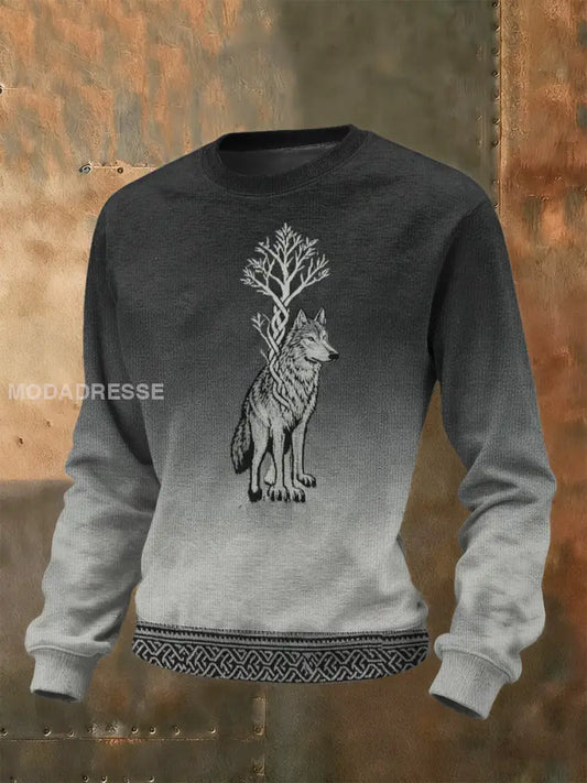 Retro Viking Wolf Celtic Knut träd av liv gradient Tryck Casual Lång ärm tröjar grå / S