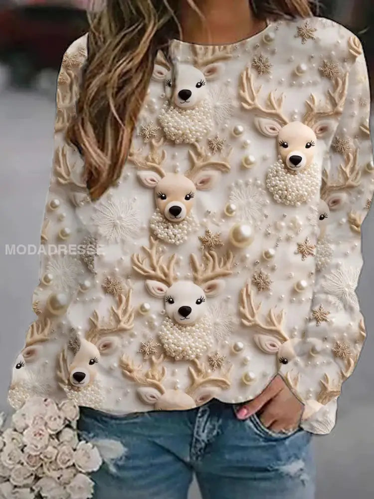 Retro Western Deer Head Print Fashionable Round Hals Pullover Lång ärm Sweatshirt