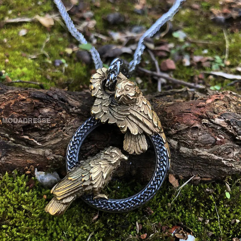 Rostfritt stål Double Crow Hollow Circle Pendant Double Sided halsbande B