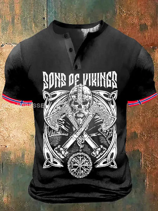 Sønner av vikinger utskriver kunst kort erme Henley hals T-shirt S