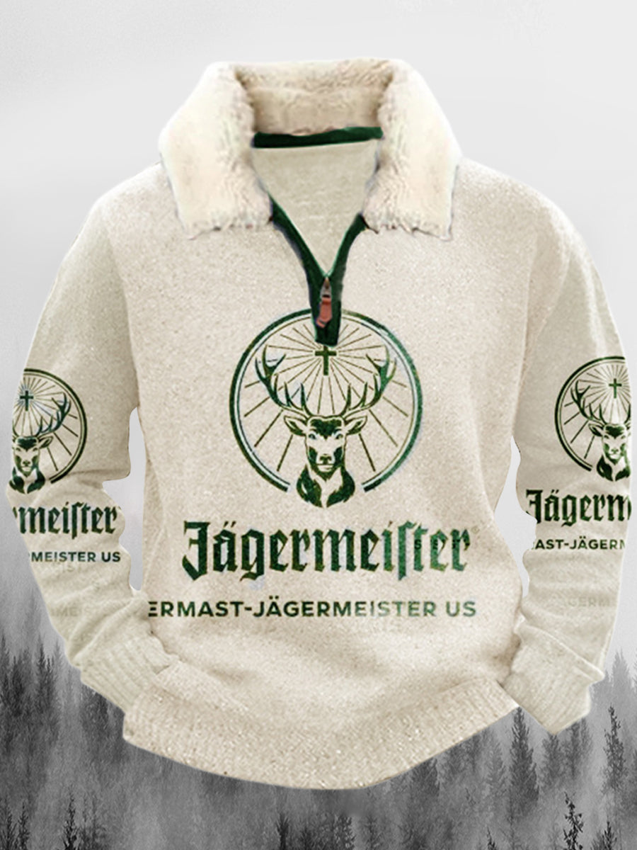 Menns Western Elk Antlere kunst print av Fur Krage Zipper Flush Utendørs Sweatshirt