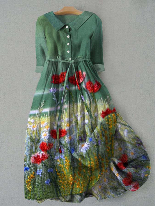 Elegant blomst kunst trykt V-halsknapp Vintage Fashion Kort erme Midi kjole