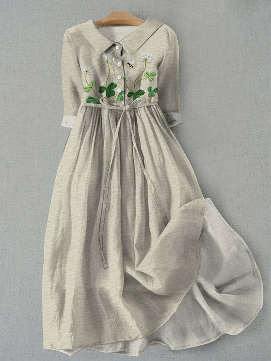 Elegant kløver blomster trykt V-halsknapp Vintage Fashion Kort erme Midi Kjole