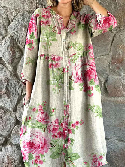 Vintage blomsterkunst utskrift Chic V-hals tre-kvartære ermer knapp opp elegant midi kjole