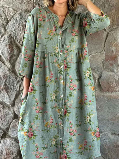 Vintage blomsterkunst utskrift Chic V-hals tre-kvartære ermer knapp opp elegant midi kjole