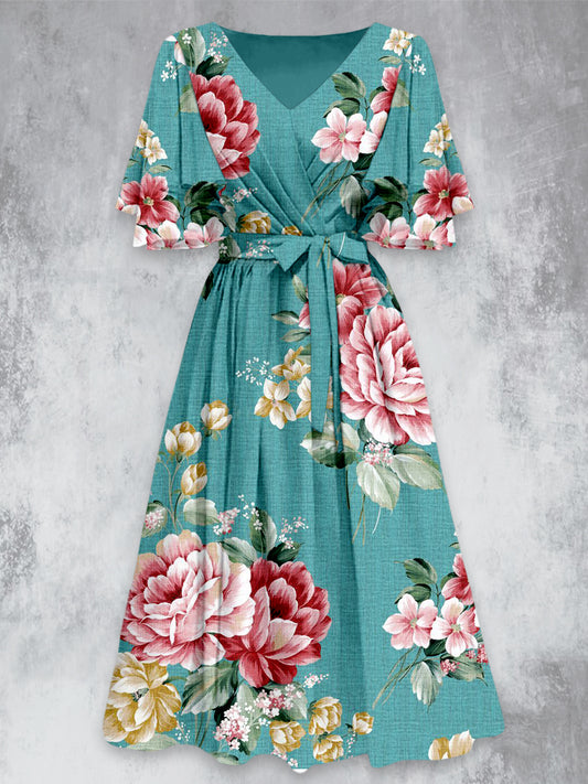 Retro Floral Design trykt V-hals Vintage chic rem kortærme Midi-kjole