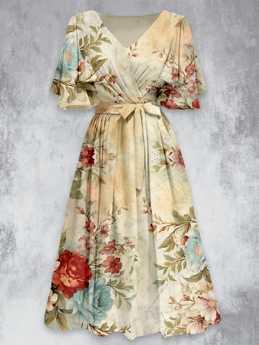 Retro Floral Design trykt V-hals Vintage chic rem kortærme Midi-kjole