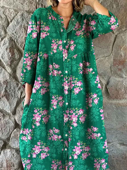 Vintage blomsterkunst utskrift Chic V-hals tre-kvartære ermer knapp opp elegant midi kjole