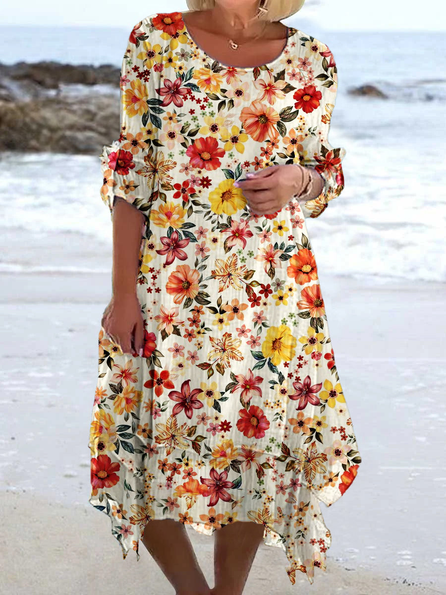 Retro blomsterkunst utskrift Chic tre kvart erme rund hals Elegant Midi kjole