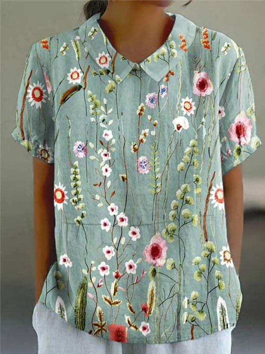 Retro Floral tryckt Vintage konst kort ärm skjorta krage topp