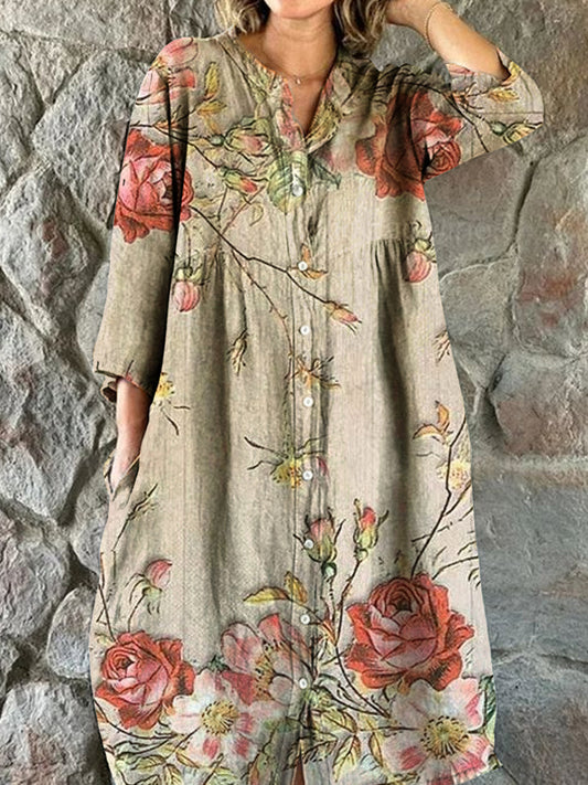 Vintage blomsterkunst utskrift Chic V-hals tre-kvartære ermer knapp opp elegant midi kjole