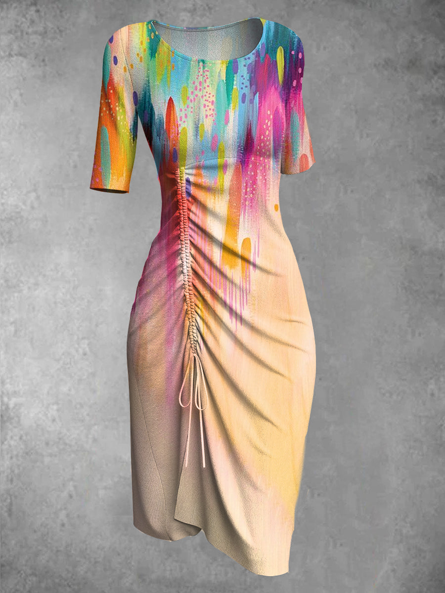 Retro Gradient kunst utskrift rund hals Elegant og chic halværme Midi kjole