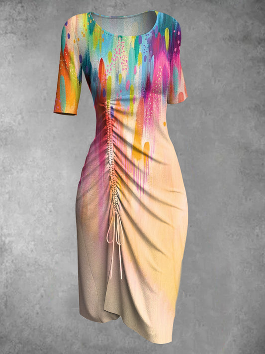 Retro Gradient kunst utskrift rund hals Elegant og chic halværme Midi kjole