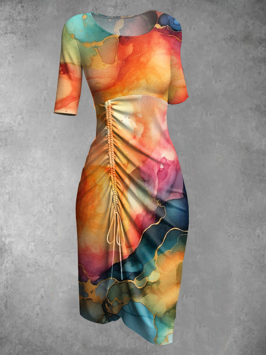 Retro Gradient kunst utskrift rund hals Elegant og chic halværme Midi kjole