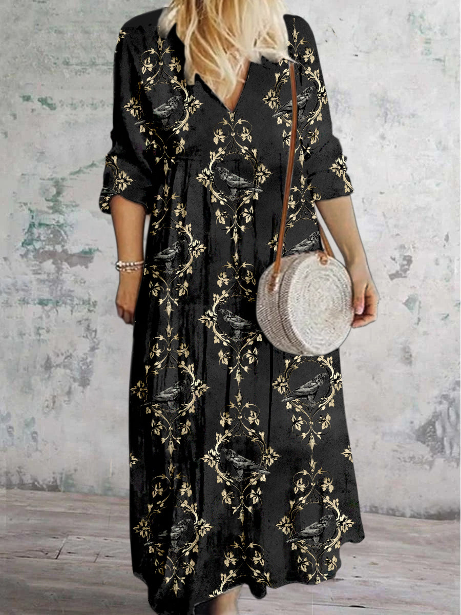 Boho Paisley Print V hals Vintage Elegant Langærme Midi-kjole