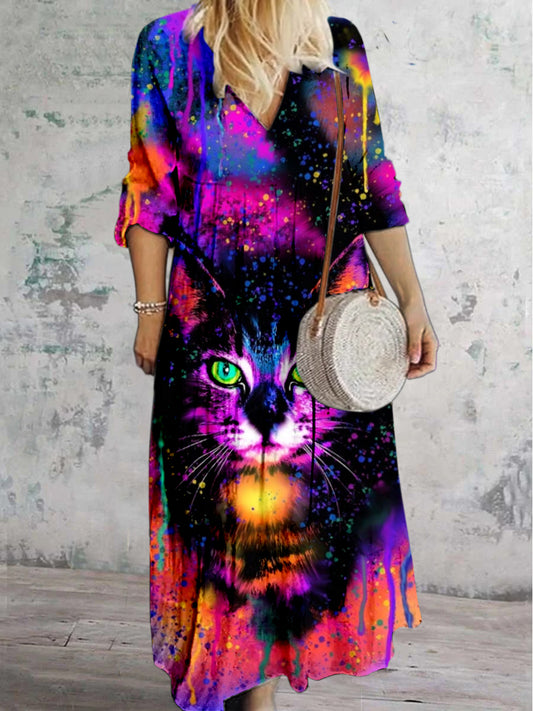 Fantasy Cat Print V hals Vintage Elegant Langærme Midi Dress