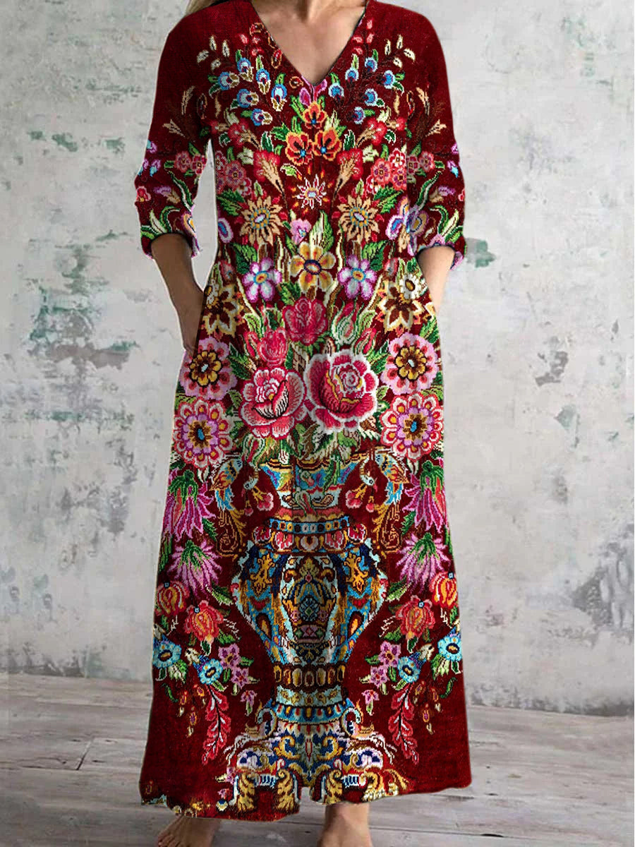 Boho Paisley blomstertrykt V hals Vintage Elegant Langærme Midi Kjole