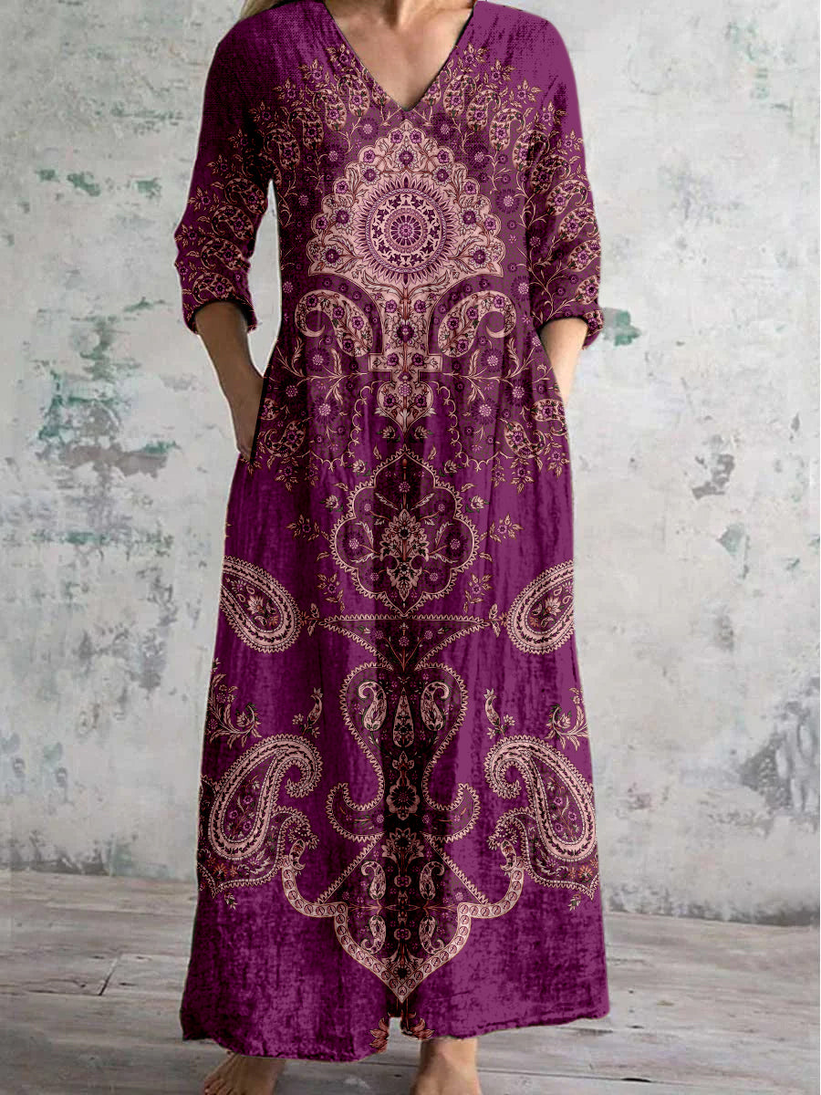 Boho Paisley blomstertrykt V hals Vintage Elegant Langærme Midi Kjole