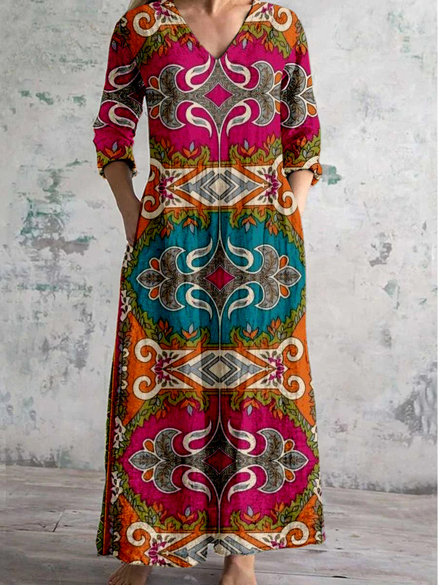 Boho Paisley blomstertrykt V hals Vintage Elegant Langærme Midi Kjole