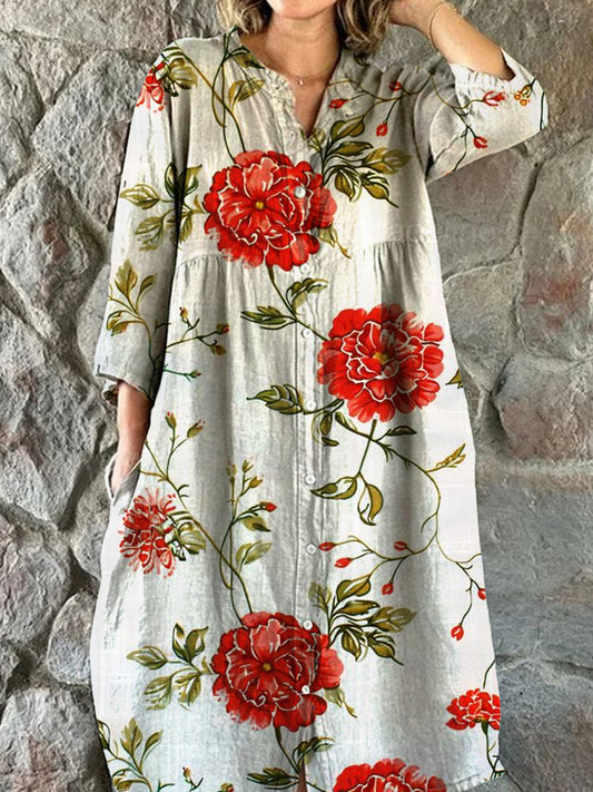 Vintage blomsterkunst utskrift Chic V-hals tre-kvartære ermer knapp opp elegant midi kjole