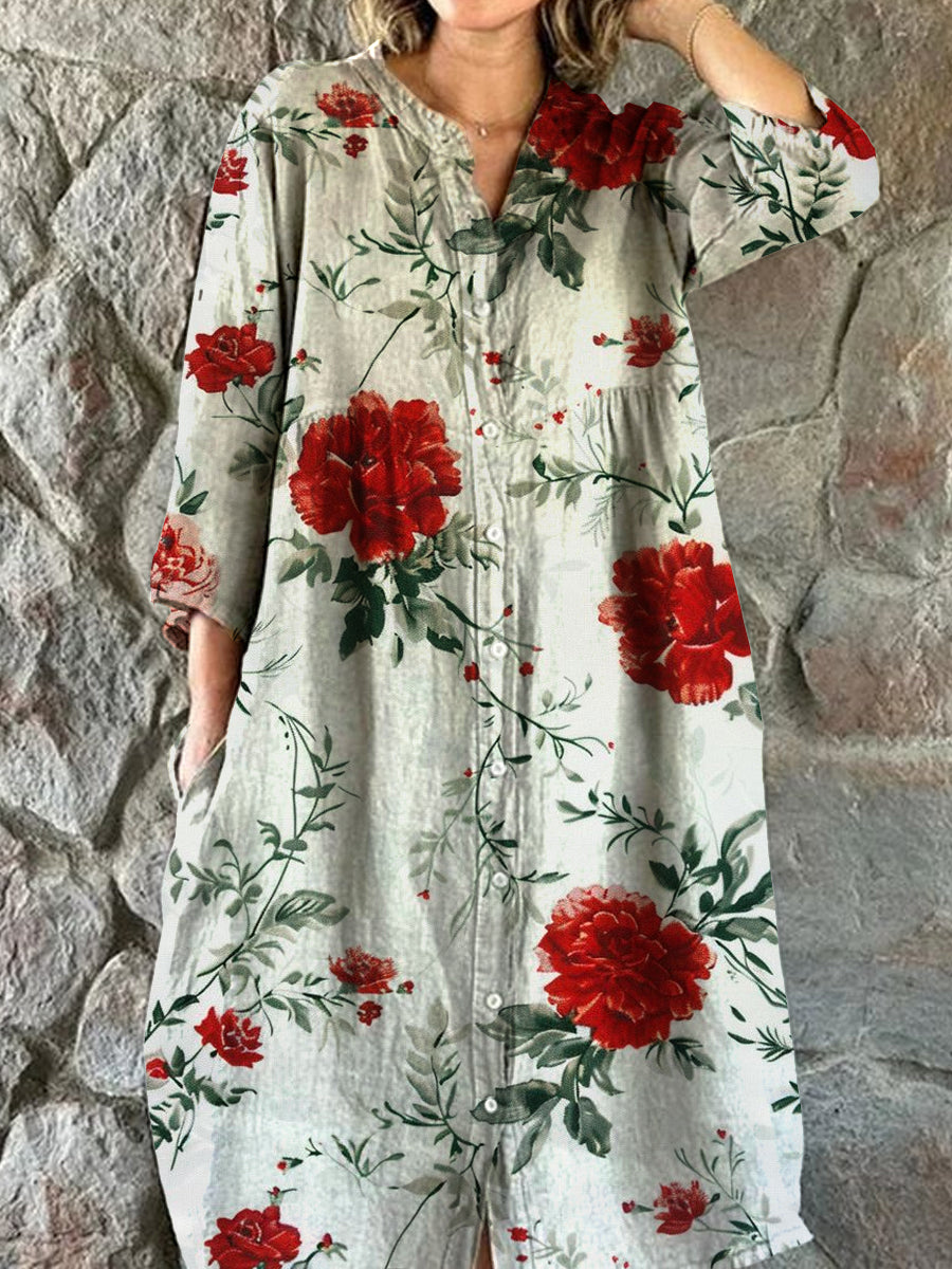 Vintage blomsterkunst utskrift Chic V-hals tre-kvartære ermer knapp opp elegant midi kjole