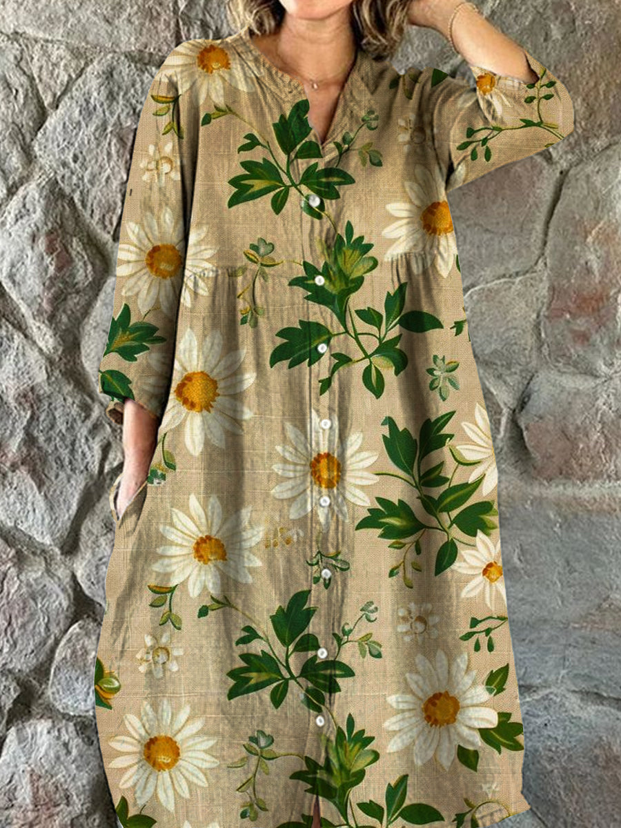 Vintage blomsterkunst utskrift Chic V-hals tre-kvartære ermer knapp opp elegant midi kjole