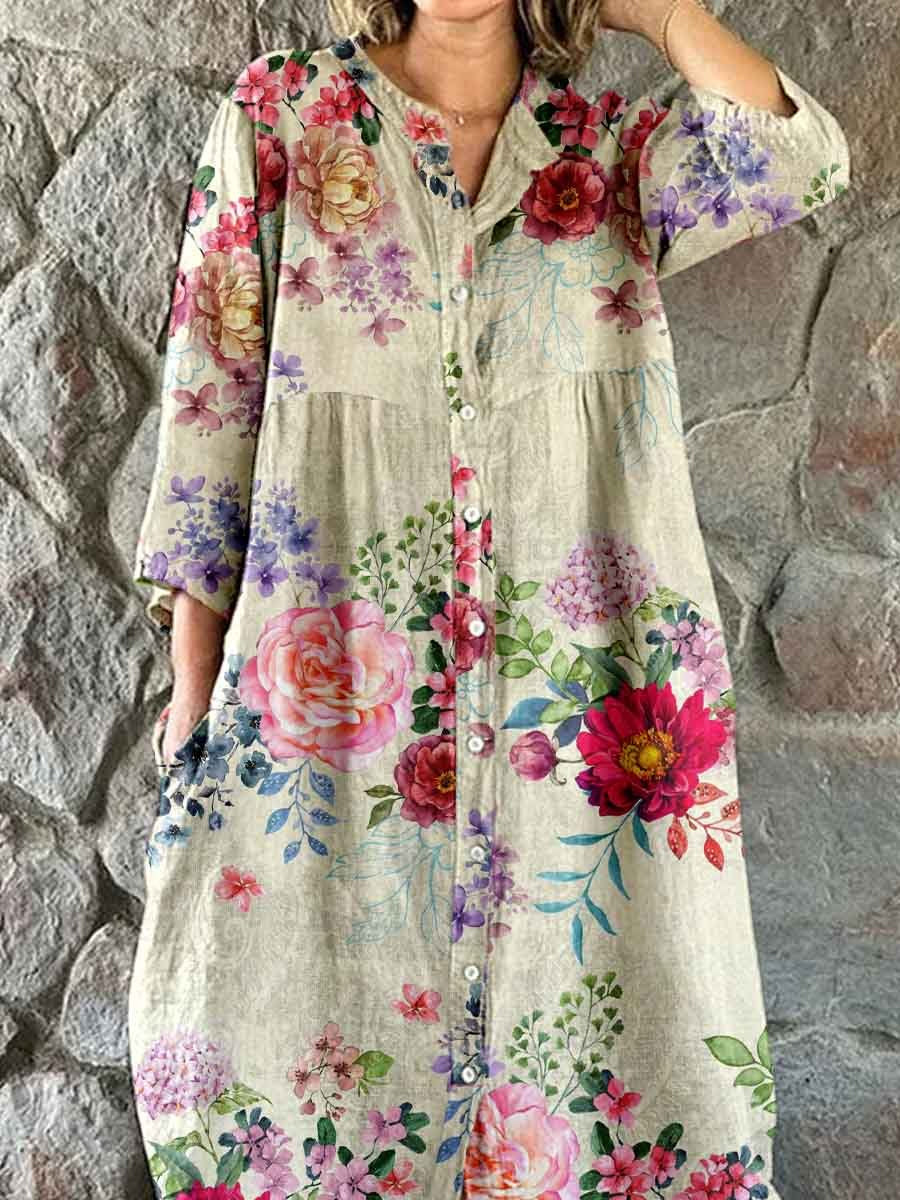 Retro bladblomstret utskrift Vintage Chic V-halsknapp opp langærme midi kjole