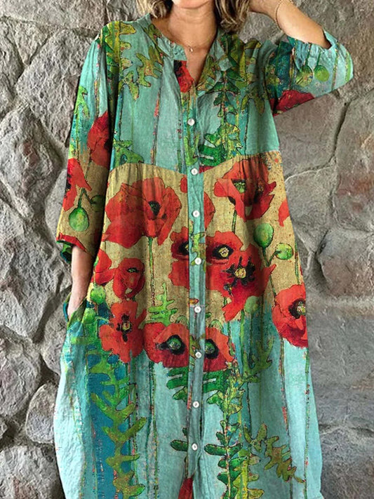 Vintage blomsterkunst utskrift Chic V-hals tre-kvartære ermer knapp opp elegant midi kjole