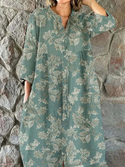 Vintage blomsterkunst utskrift Chic V-hals tre-kvartære ermer knapp opp elegant midi kjole