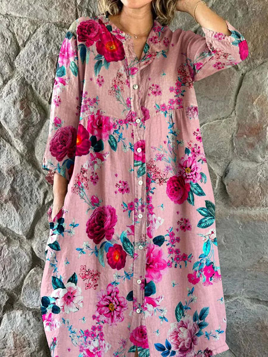 Vintage blomsterkunst utskrift Chic V-hals tre-kvartære ermer knapp opp elegant midi kjole