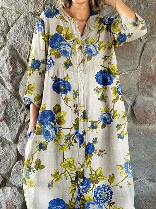 Vintage blomsterkunst utskrift Chic V-hals tre-kvartære ermer knapp opp elegant midi kjole