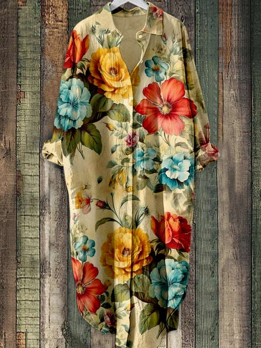 Retro blad blomstertrykt Elegant Vintage Lapel Løs Langærme Midi Skjortkjole