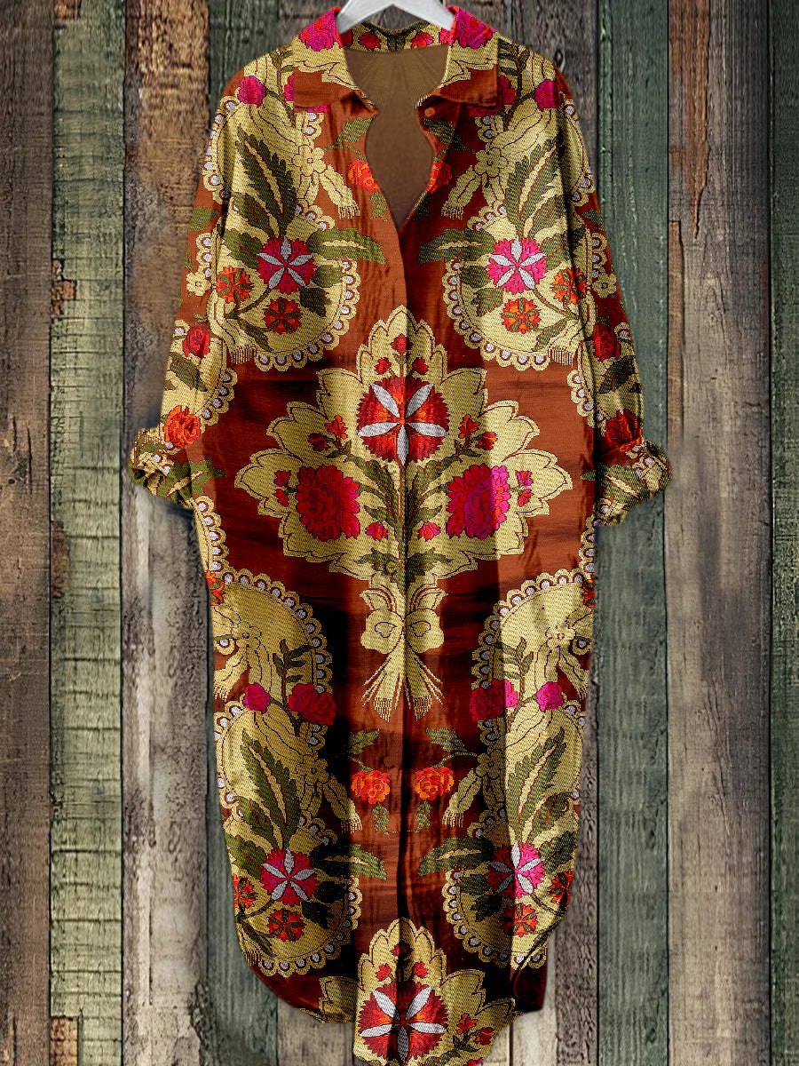 Boho Paisley Floral Print Elegant Vintage Lapel Løs Langærme Midi Skjortkjole