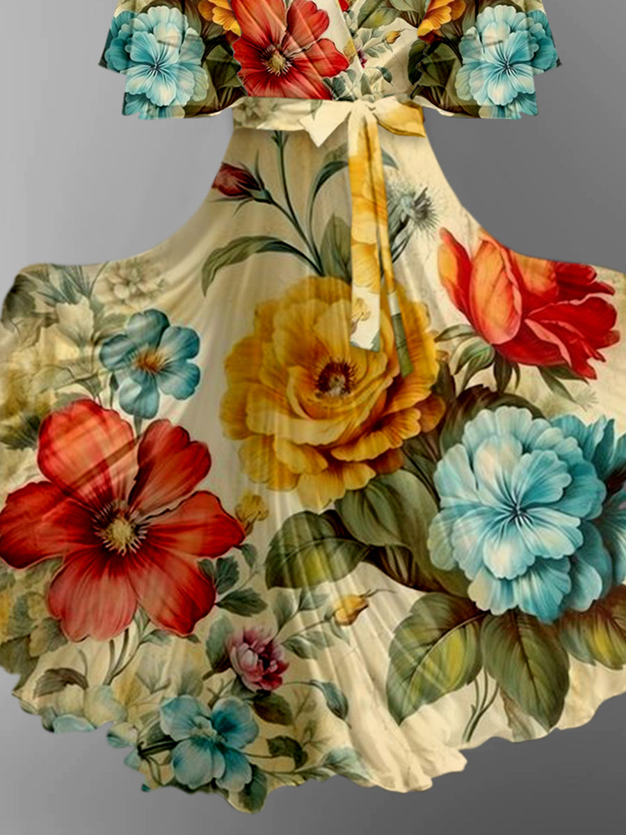 Retro blad blomstertrykt V-hals Vintage chic rem Kort erme Midi kjole