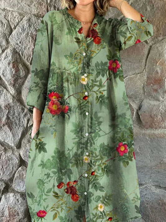 Vintage blomsterkunst utskrift Chic V-hals tre-kvartære ermer knapp opp elegant midi kjole