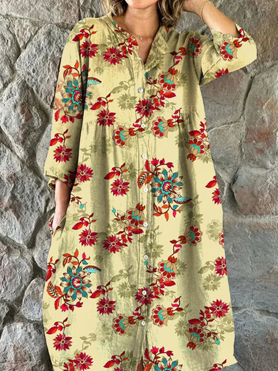 Vintage blomsterkunst utskrift Chic V-hals tre-kvartære ermer knapp opp elegant midi kjole