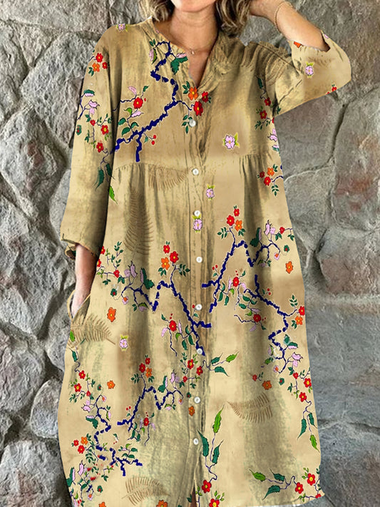 Vintage blomsterkunst utskrift Chic V-hals tre-kvartære ermer knapp opp elegant midi kjole